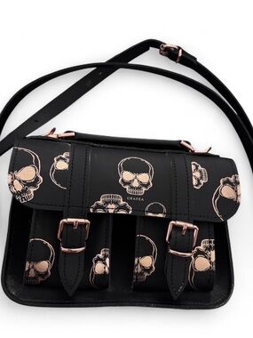 Grafea Black Skull Print Leather Crossbody Bag with Rose Gold Hardware
